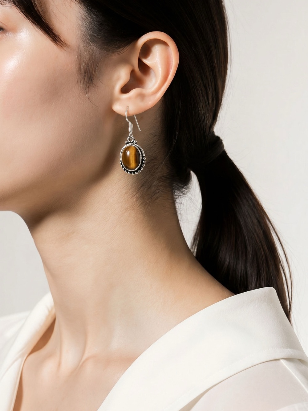 Tiger Eye Sterling Silver 925  Drop Earrings - Brown Stone Earrings